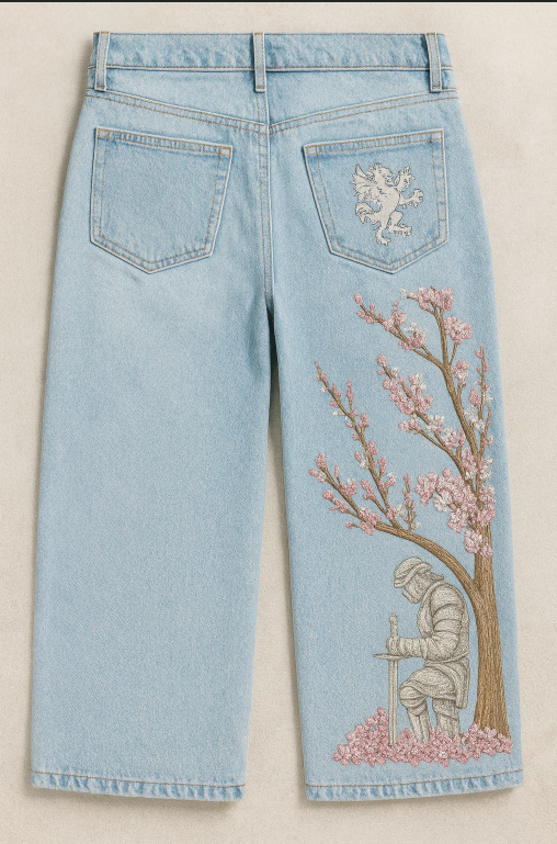 “Fallen knight” cherry blossom baggy jeans